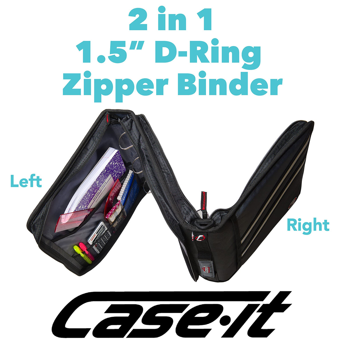 Case-it The Z Shape Zipper Binder - Two Binders in One - Double Sided 1.5 Inch D-Ring - Multiple
