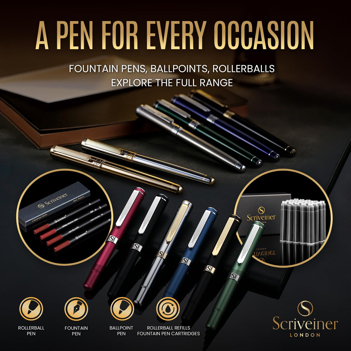 Scriveiner Luxury Fountain Pen - Stunning Black Lacquer Pen, Real Gold Finish, Schmidt Gilded Nib