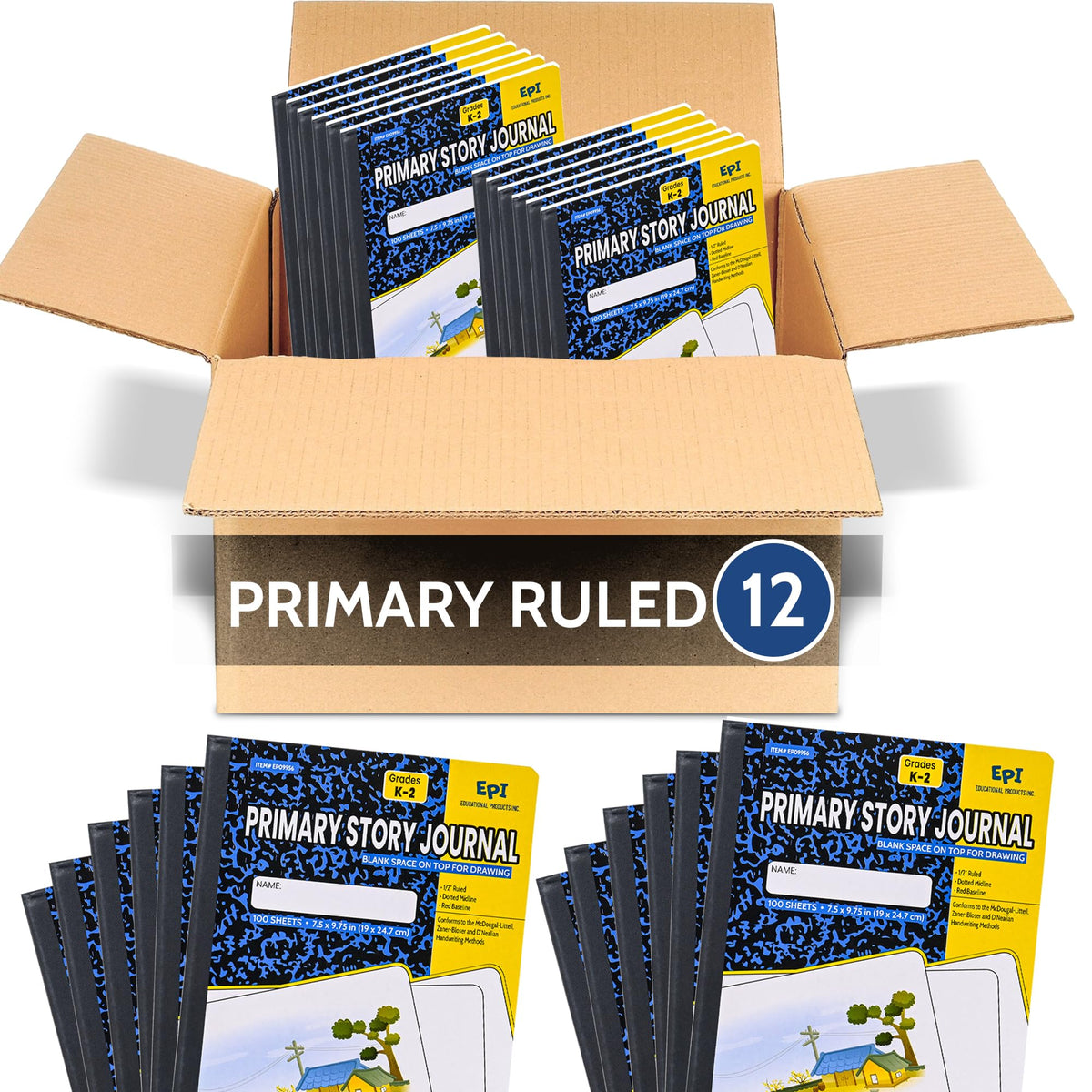 12 Pack - EPI Primary Ruled Composition Notebook Black - 200 Pages (100 Sheets), 9-3/4 x 7-½