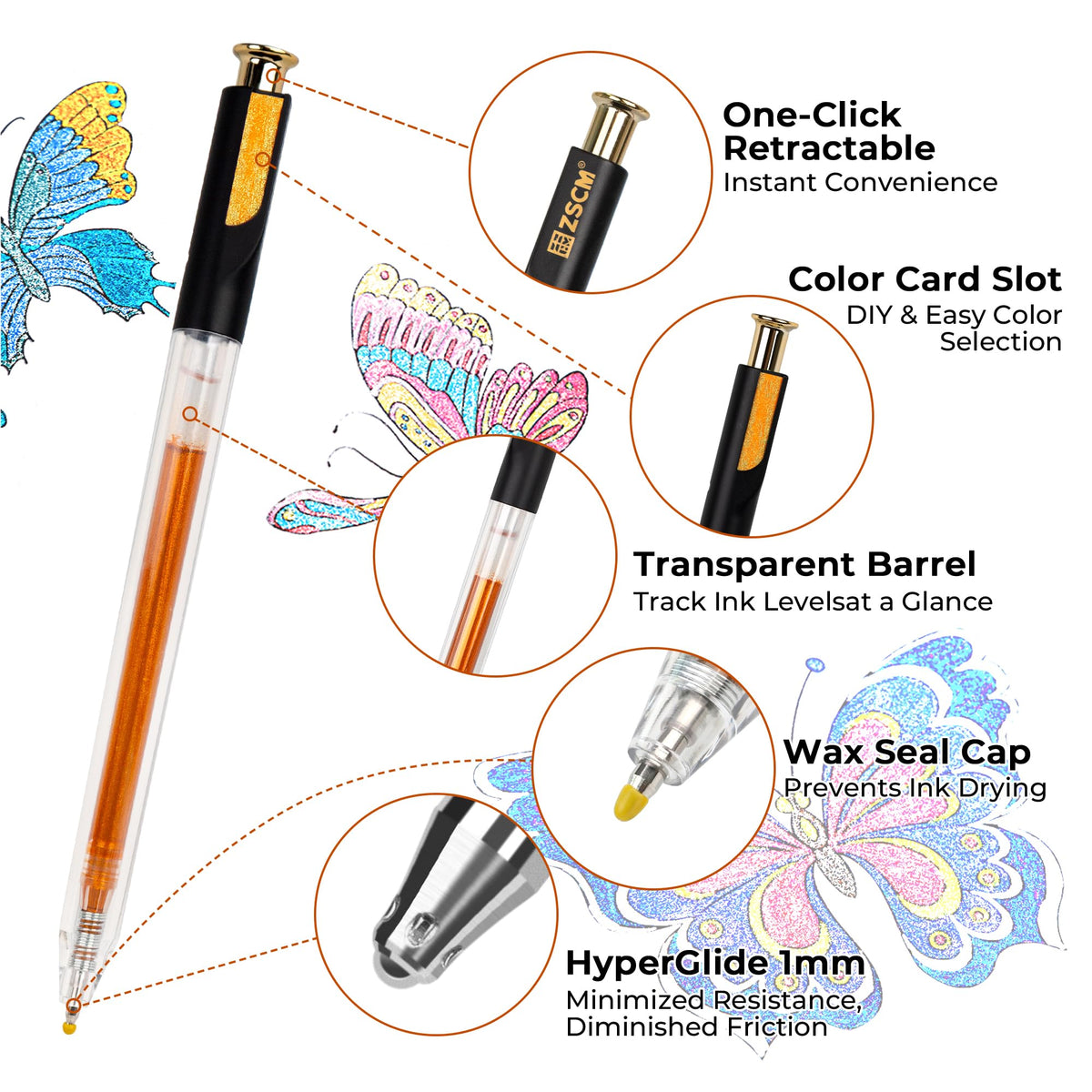 Retractable Aurasparkle Glitter Gel Pens, 12 Large Capacity Metallic Pens