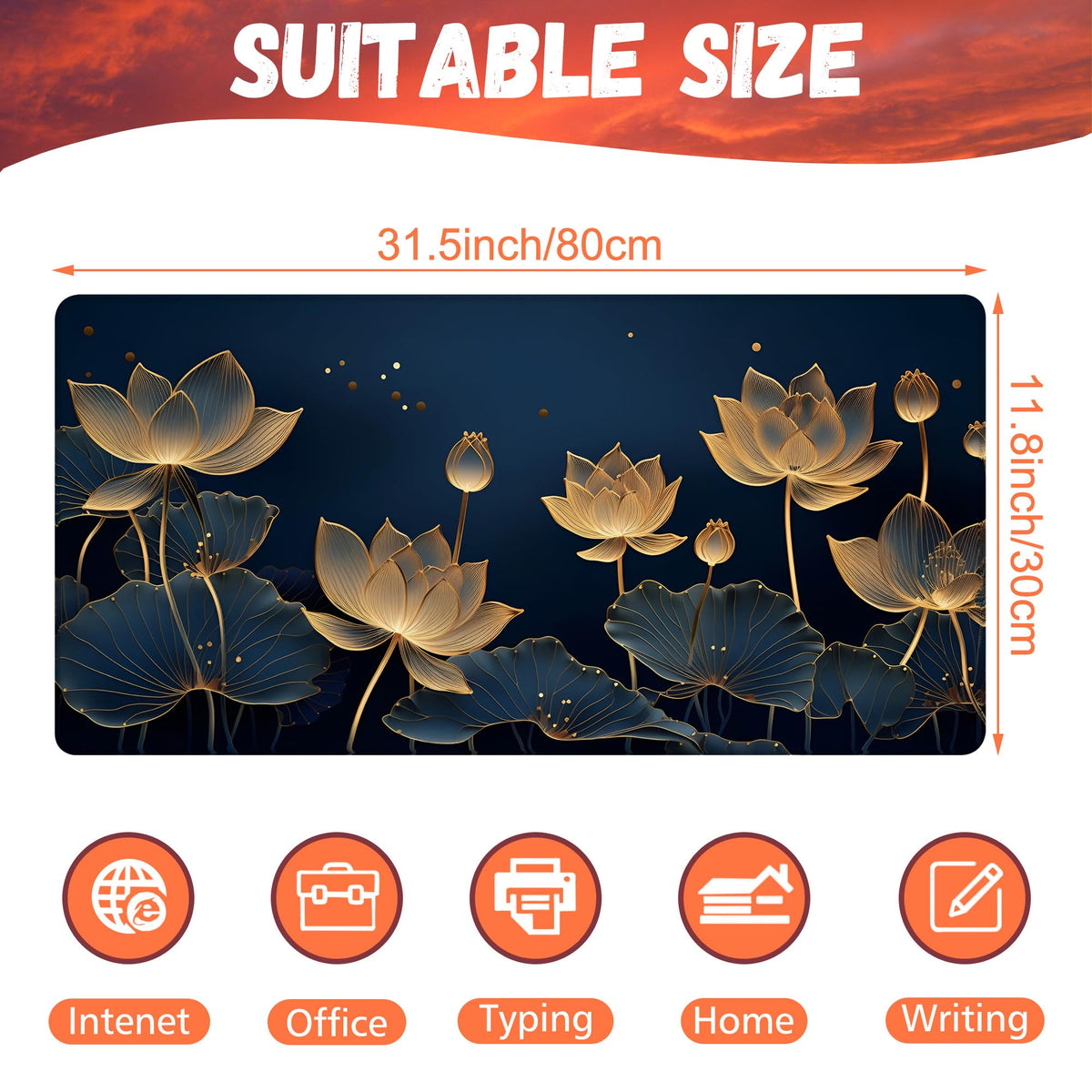 KOAIWPAE Desk Pad,Luxury Golden Lotus Line Arts Desk Mat,Dark Blue Background Large Gaming Mouse