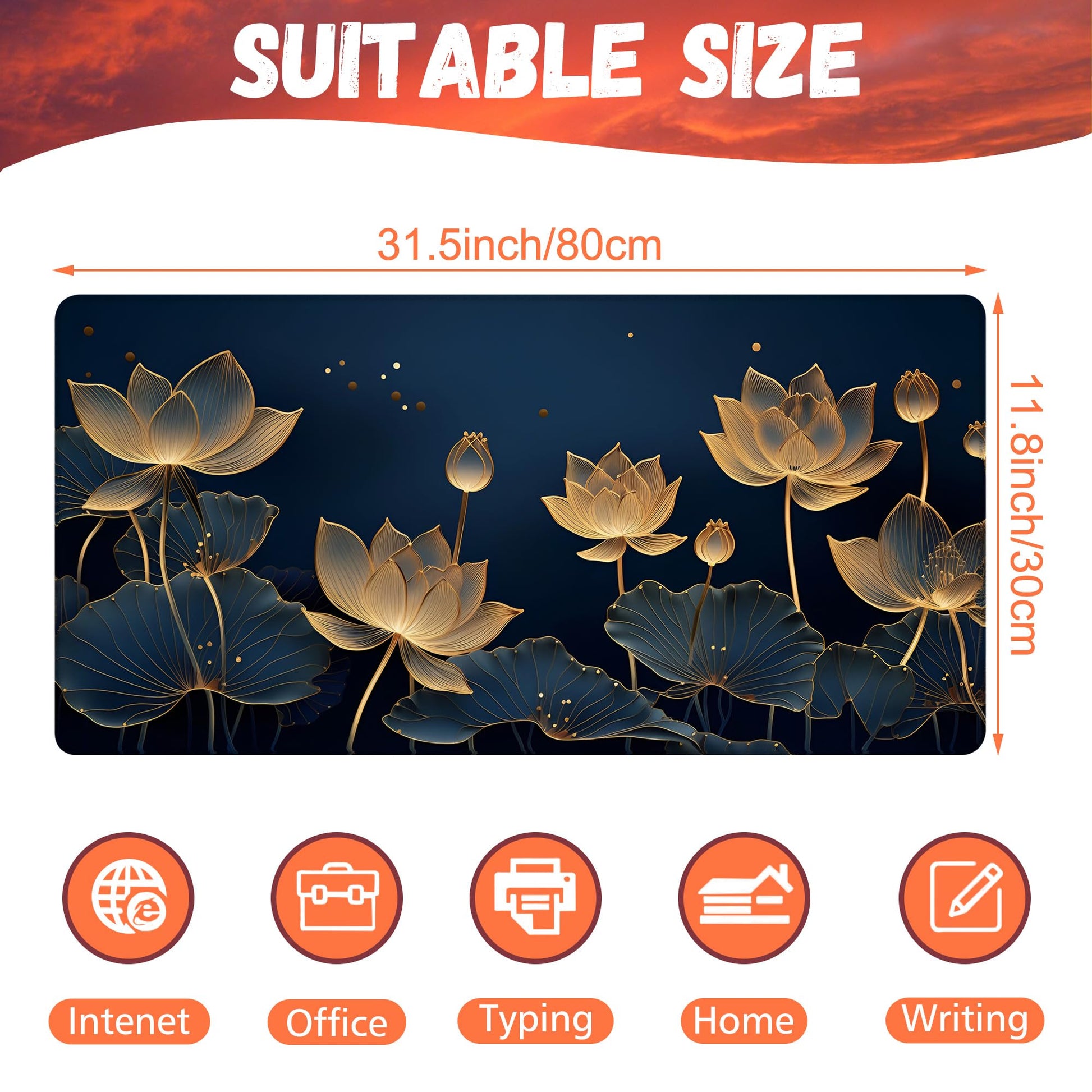 KOAIWPAE Desk Pad,Luxury Golden Lotus Line Arts Desk Mat,Dark Blue Background Large Gaming Mouse
