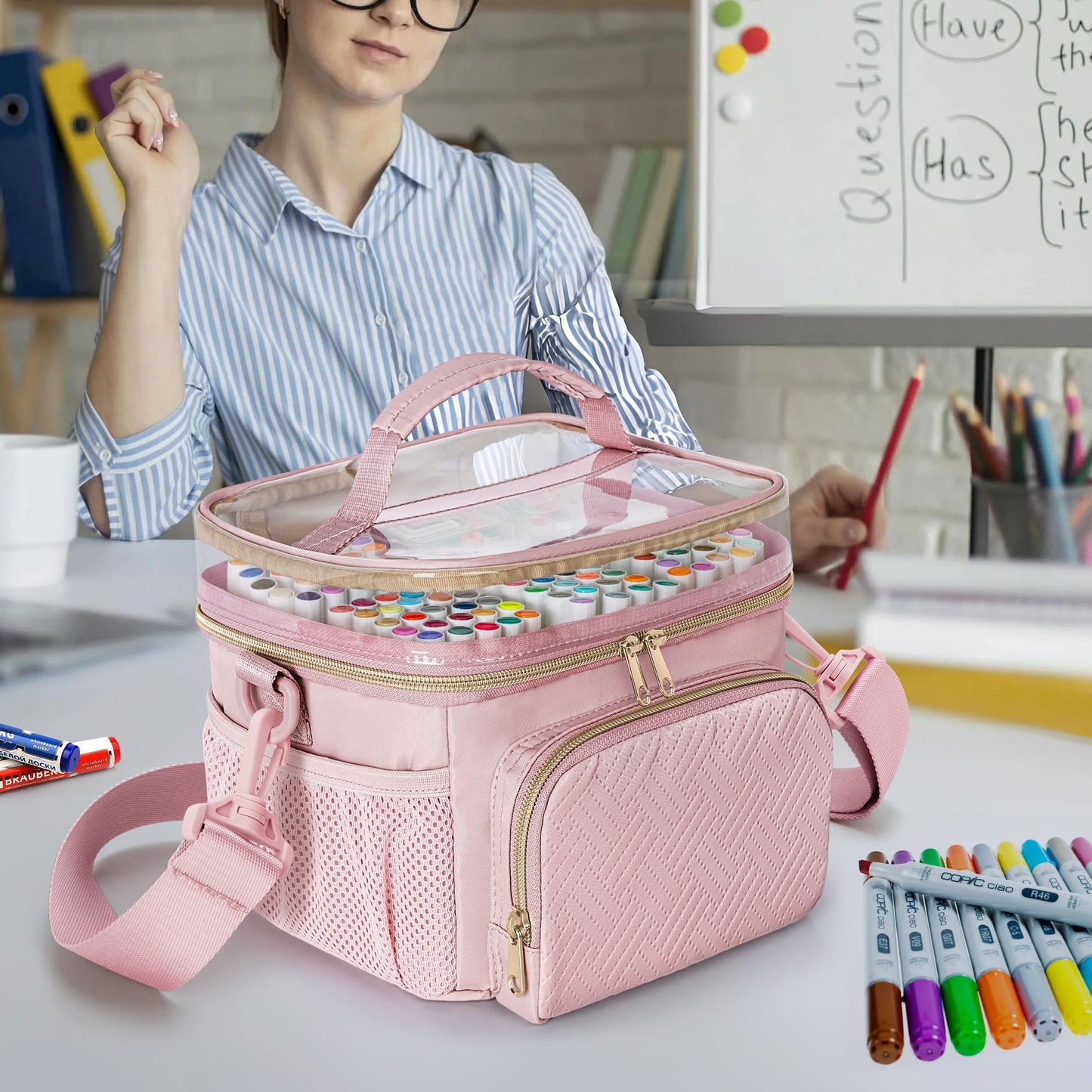 Rexmica Marker Organizer Case Storage Bag for 100 Markers, Pink