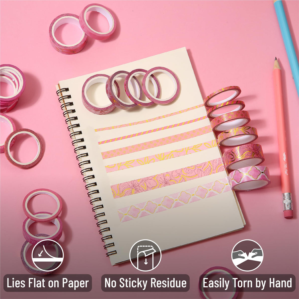 Mr. Pen- Washi Tape Set, 21 Rolls, Assorted Sizes, Floral Pink