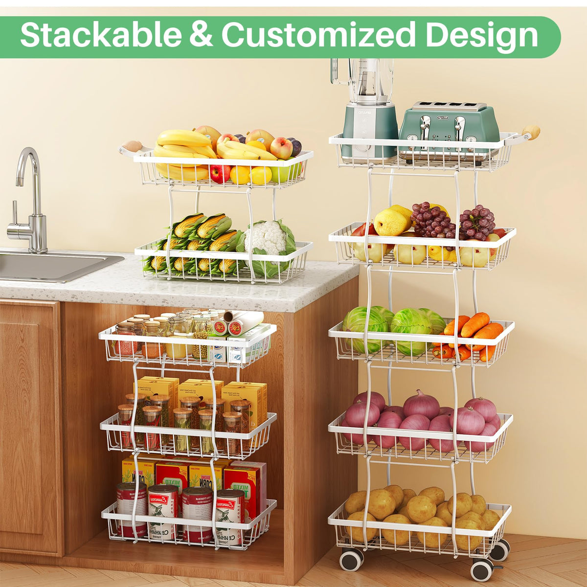 SAYZH 5-Tier Fruit Basket Stand with Vegetable Baskets for Kitchen, White