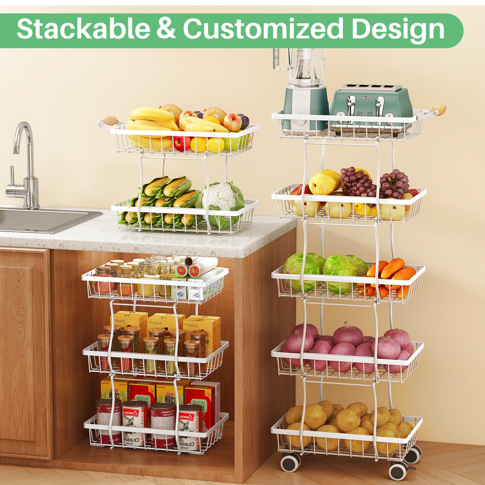 SAYZH 5-Tier Fruit Basket Stand with Vegetable Baskets for Kitchen, White
