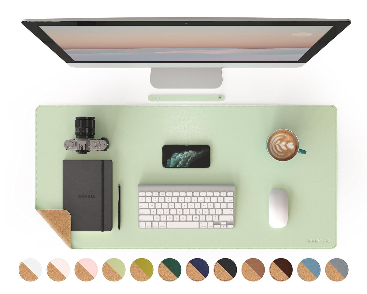RENMTURE Dual-Sided Mouse Pad, Natural Cork & PU Leather Large Desk Pad for Office and Home Work