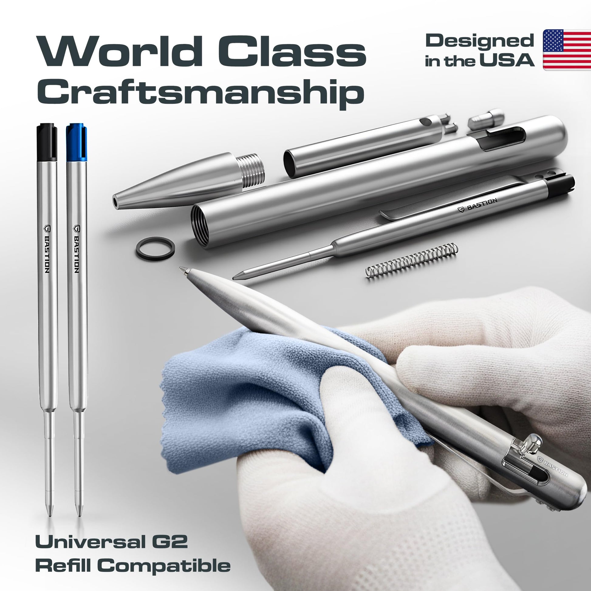 BASTION Bolt Action Pen, Titanium Silver, HyperBolt & ZeroSeam EDC Pen, Refillable Titanium Writing