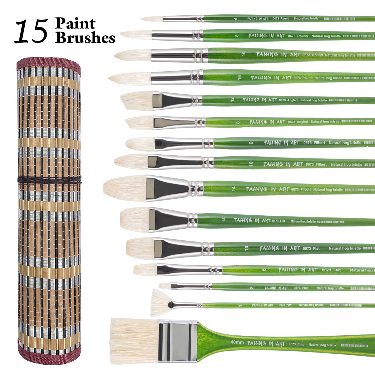 Falling in Art 15 Pcs Professional Oil Paint Brush Set, Natural Hog Bristle
