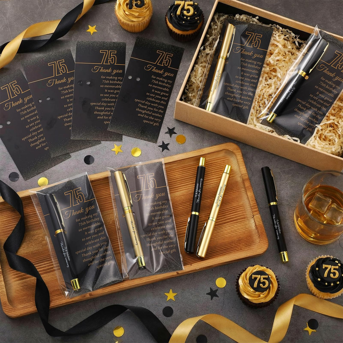 Feifeiya 50 Set 75th Birthday Favors with Black Gold Pens Cards