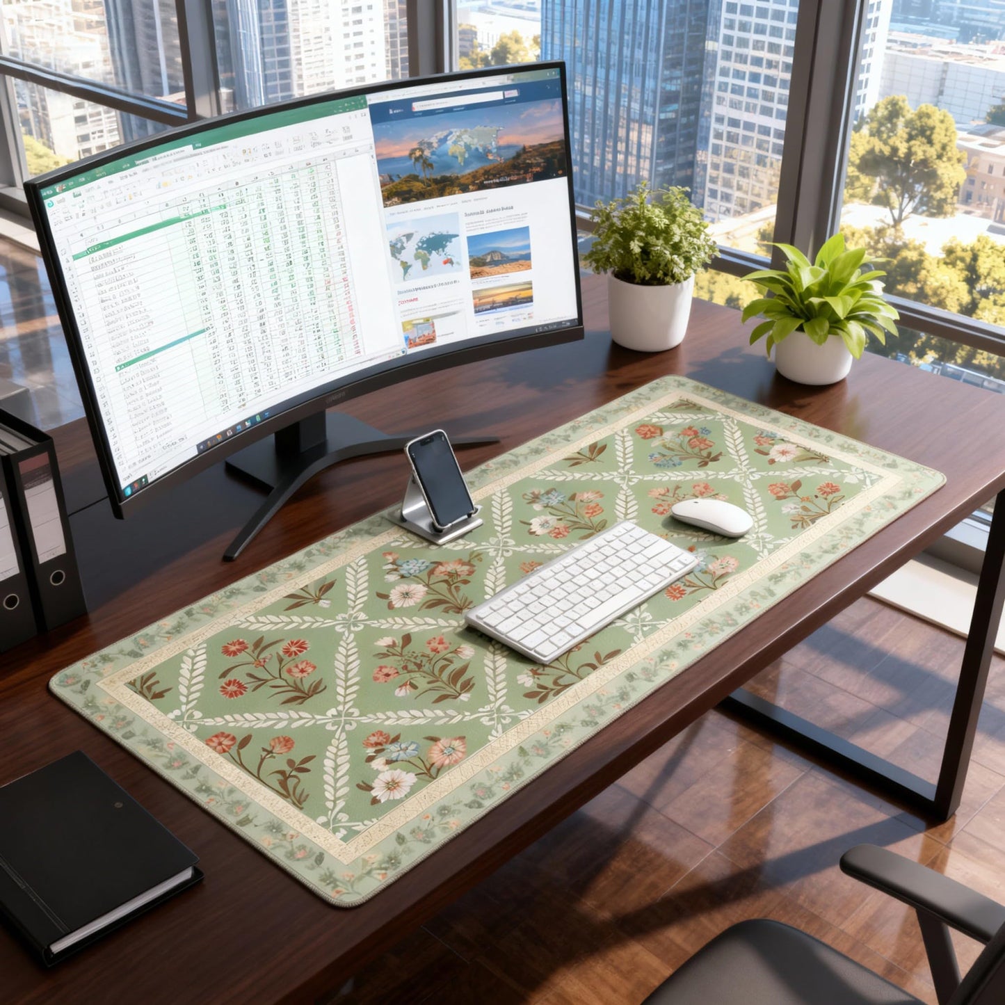 XXL Large Floral Mouse Pad - Sage Green Flower Desk Mat with Stitched Edges & Anti-Slip Base