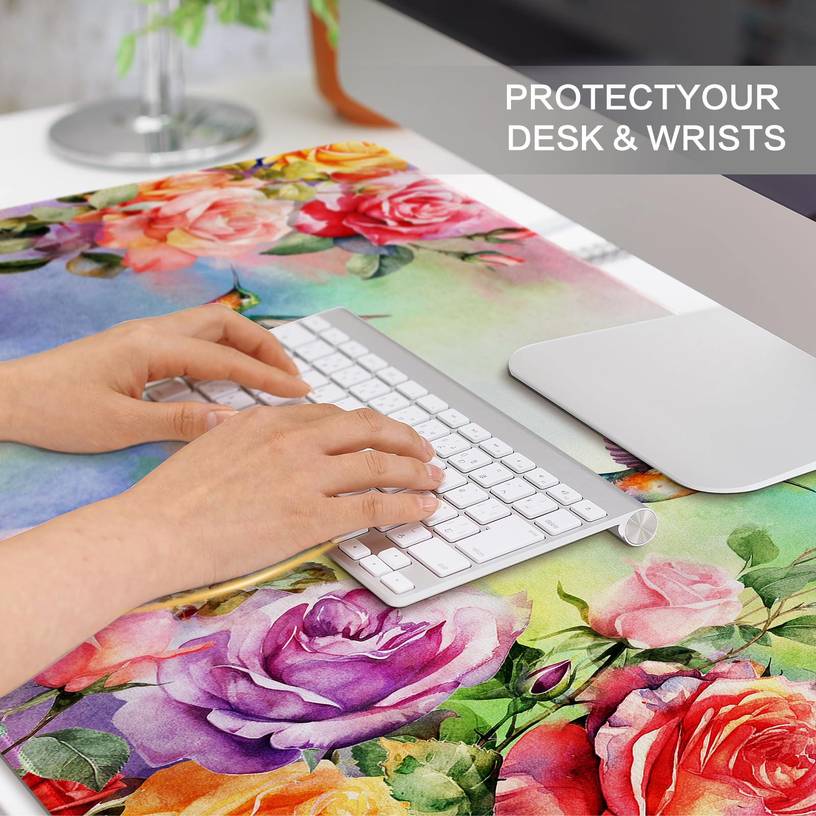 Colorful Large Mouse Pad, Pink Floral Desk Mat for Desktop, Women Girls Waterproof Gaming Mousepad