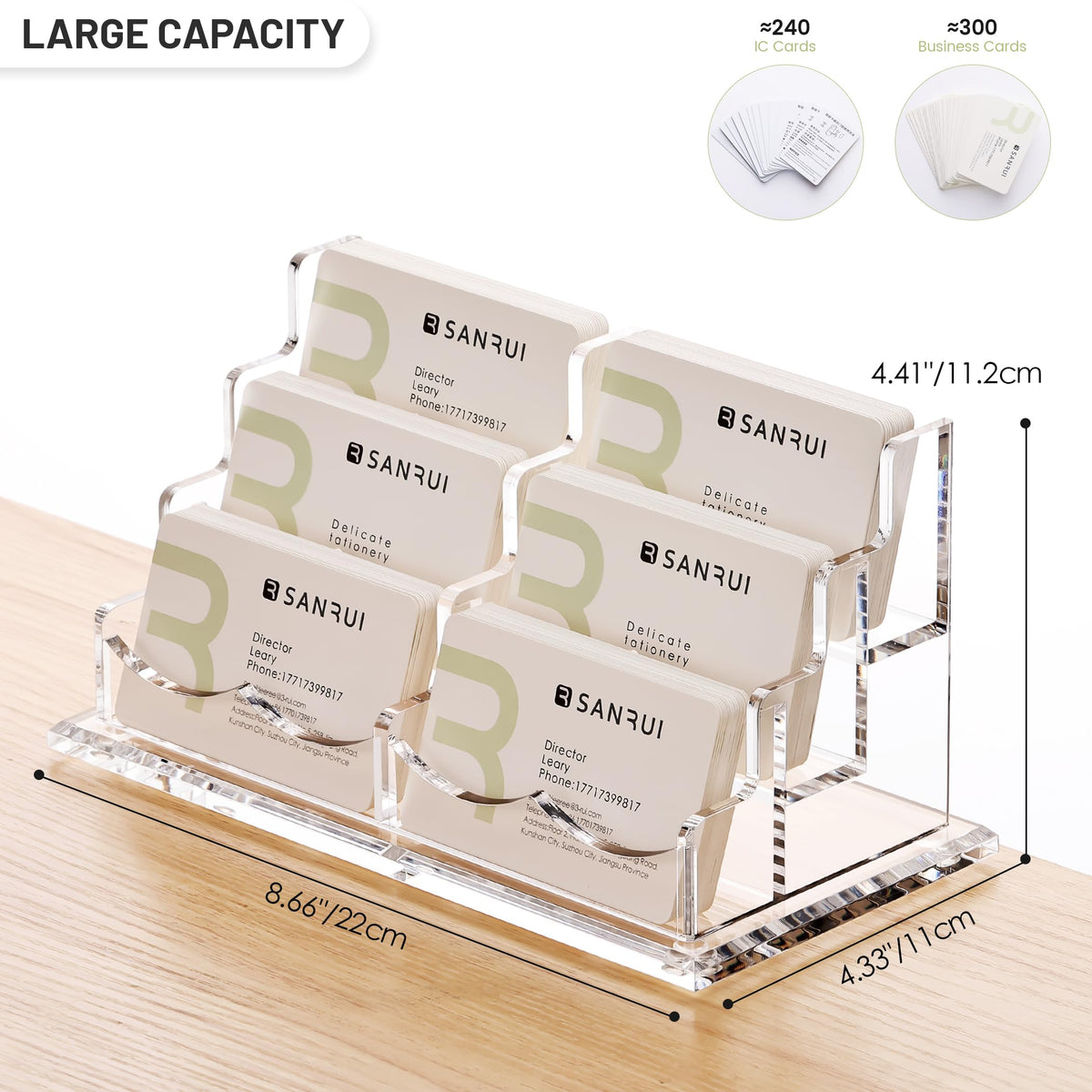 SANRUI Clear Acrylic Desk Business Card Holder, 6 Horizontal Slots
