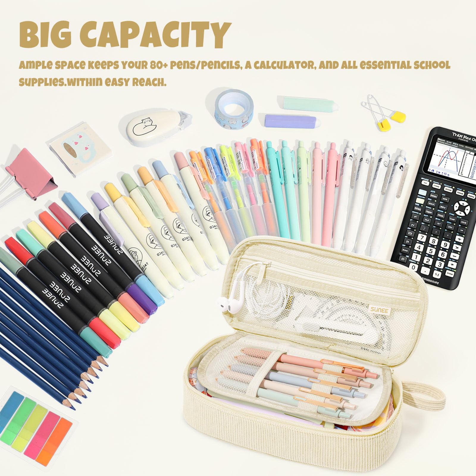 SUNEE Cute Pencil Case, Soft Corduroy Large Capacity Pencil Pouch, Aesthetic Zipper Pencil Bag, Big