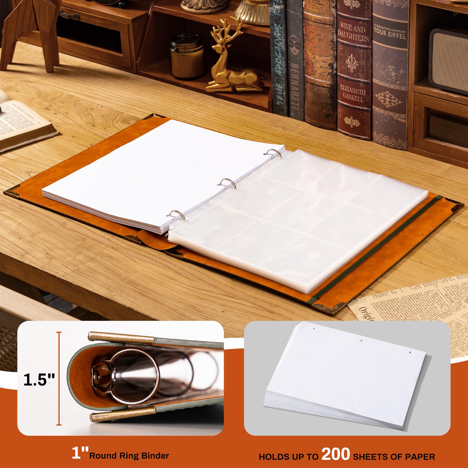 Ovesmusl PU Leather 3 Ring Binder 1 Inch Round Ring Binder Holds 200 Sheets