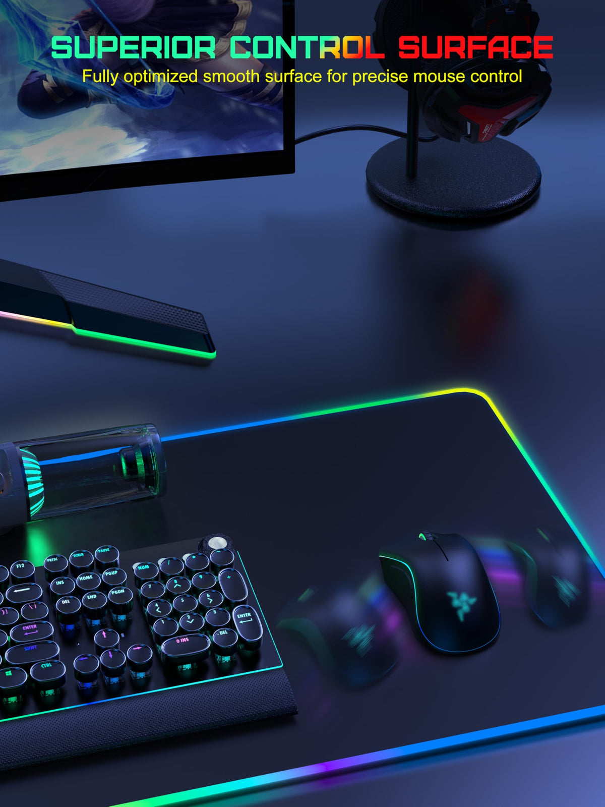 5-in-1 RGB Mouse Pad with Wireless Charging, Large Gaming Desk Mat, Black