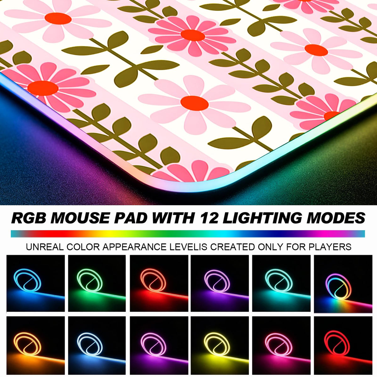 JIANG100 RGB Vintage Pink Flower Gaming Desk Mat, XL Floral Mouse Pad