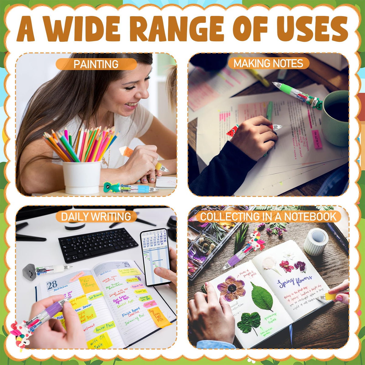 Sayglossy 24 Sets 4-in-1 Multicolor Pens Bulk with Positive Animal Cards