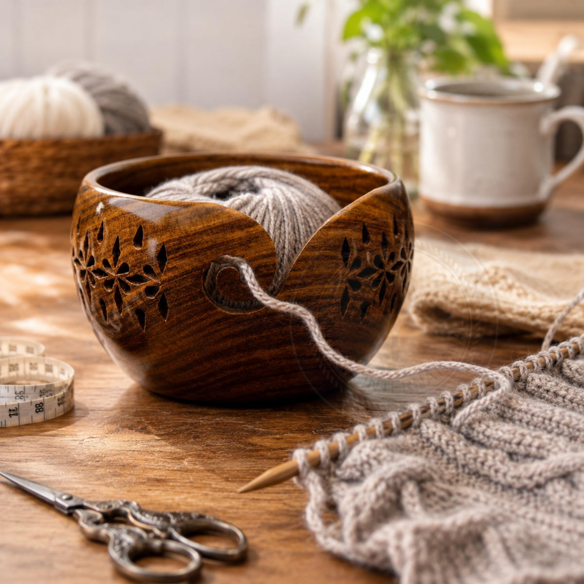 Nagina International Rosewood Crafted Wooden Yarn Storage Bowl With Carved Holes & Drills |