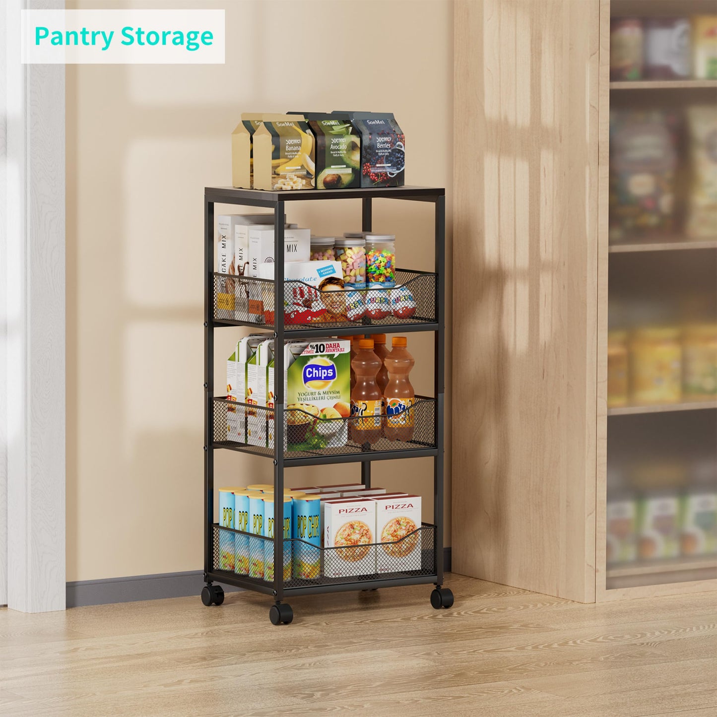HapiRm Fruit Basket Kitchen Cart - 4-Tier Rolling Storage Cart with Wheels, Fruit Vegetable Basket