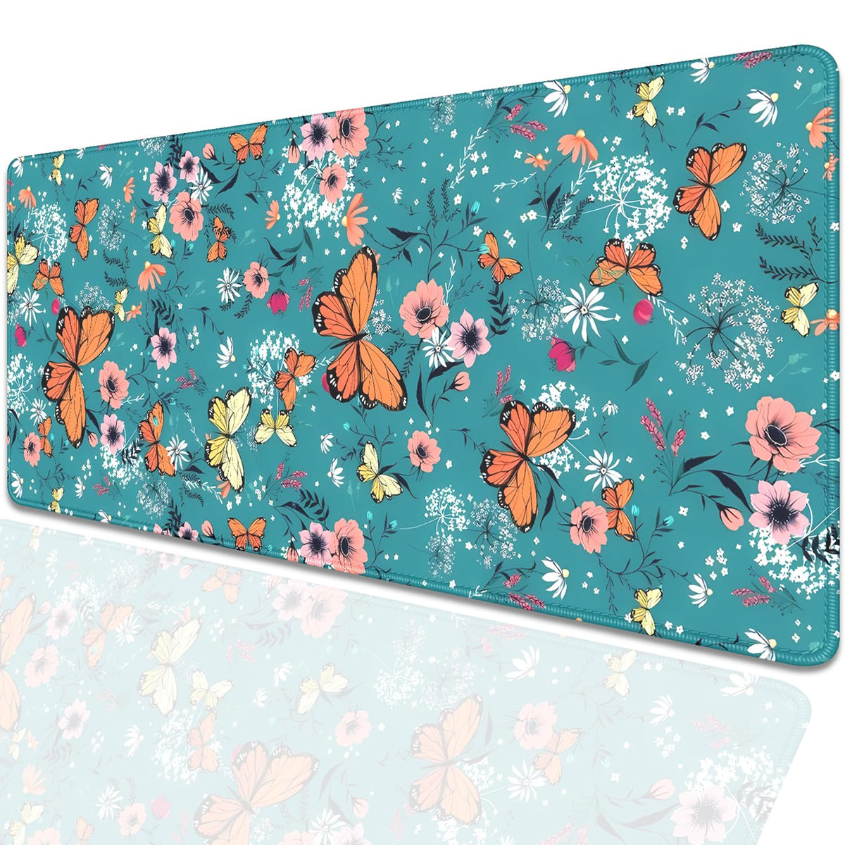 Colorful Butterflies and Flowers Extended Desk Pad Mouse Pad,Stitched Edges Non-Slip Rubber Base XL