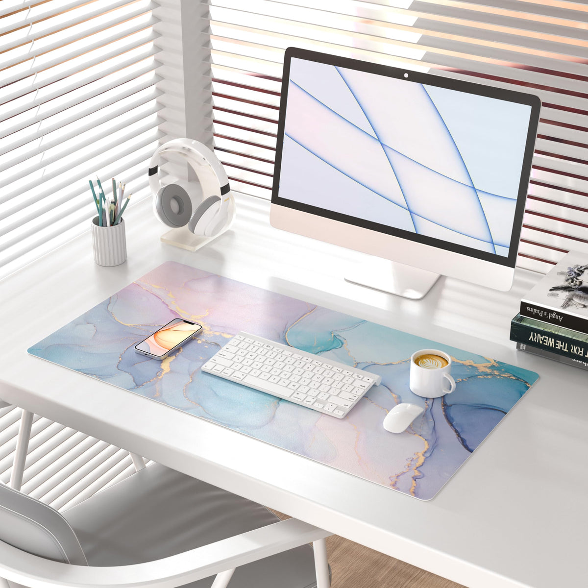 QiyI PU Leather Large Mouse Pad, 31.5" x 15.7", Blue Pink Fluid