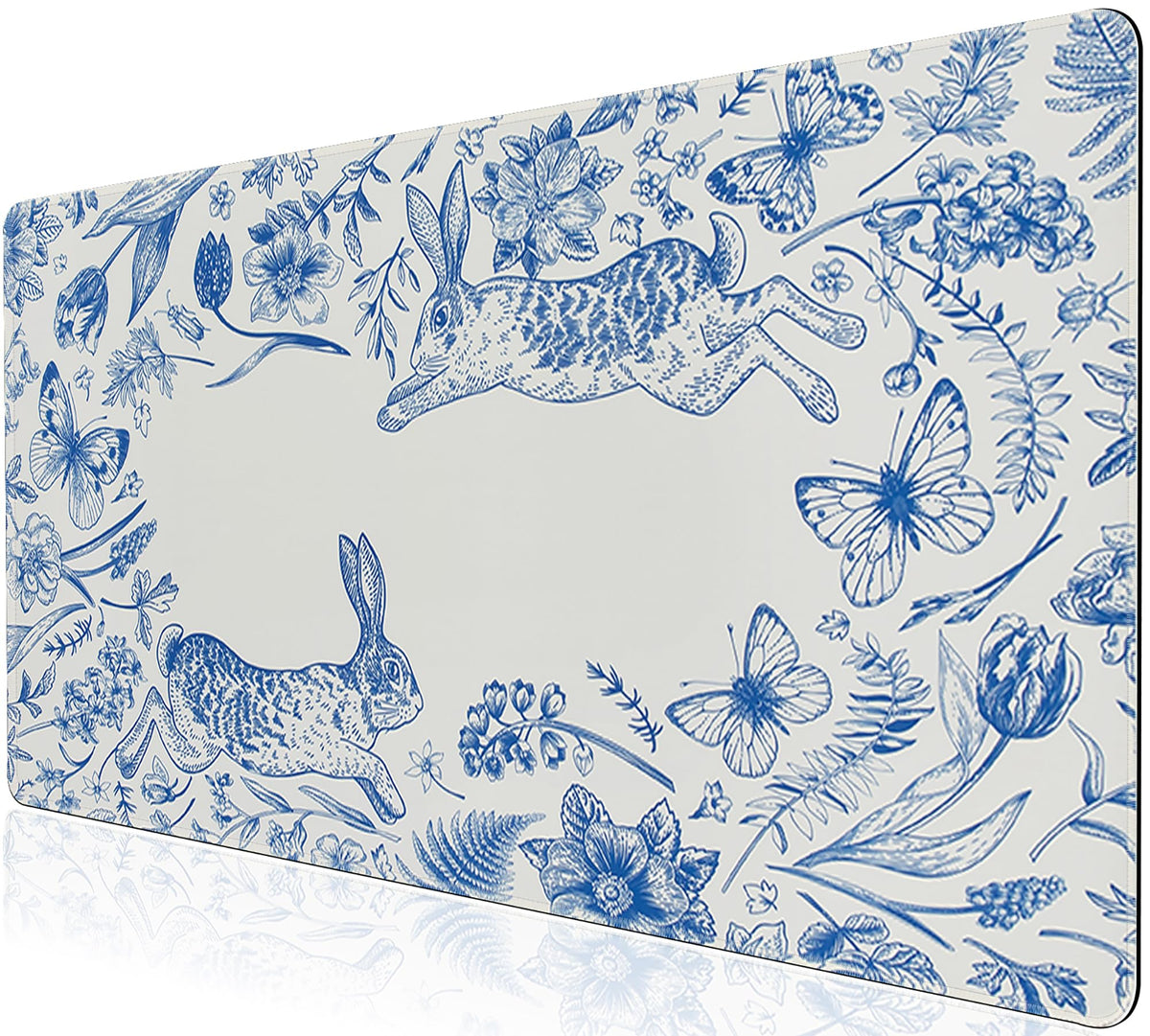 L-SPOUTTO Blue Floral Desk Mat for Keyboard and Mouse,XXL Gaming Mouse Pad