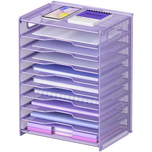 OUTWOLF 10 Tier Paper Organizer - Letter Tray Mesh Desk File Organizer with Handles for Office