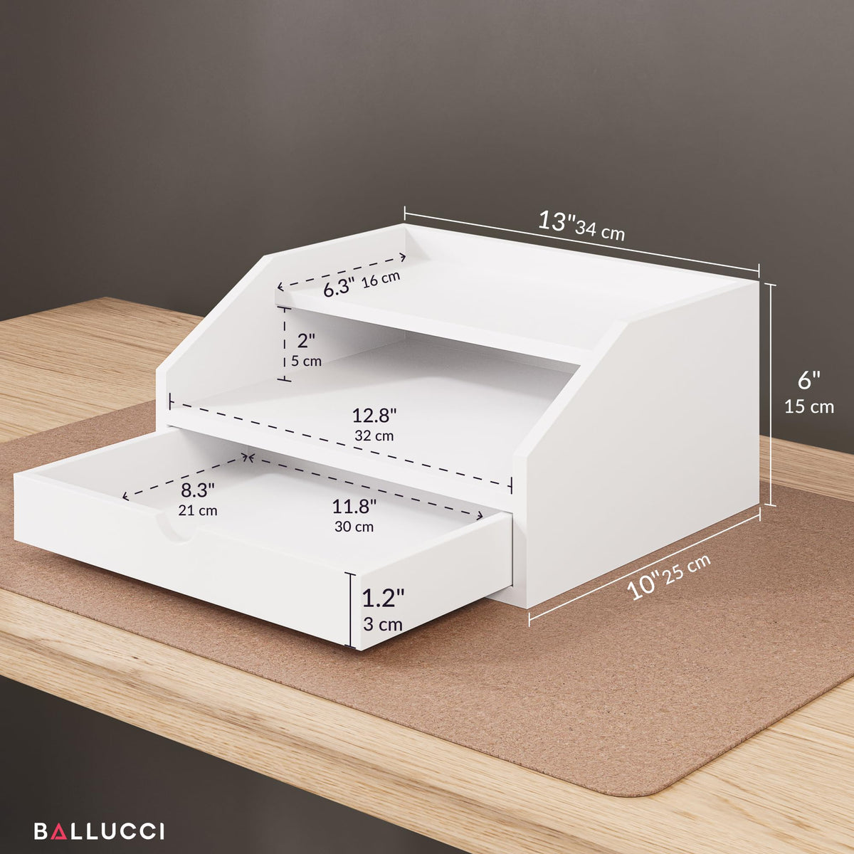 Ballucci Desk Organizer with Drawer, 2 Tier Paper Office Supplies Desk Organizer, 13 2/5" x 9 3/5"