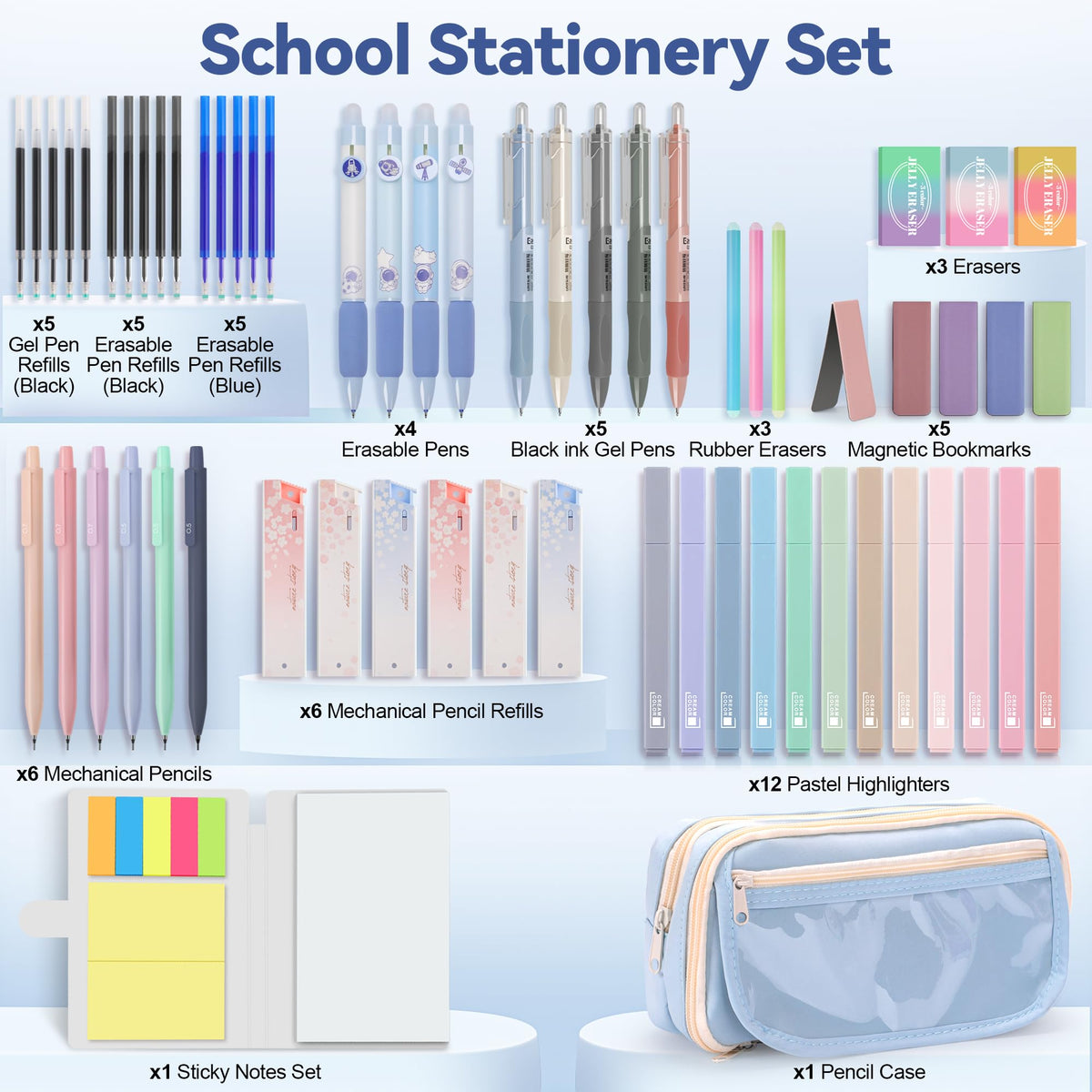 DazSpirit 61PCS Aesthetic College School Supplies Set with Cute Pencil Case