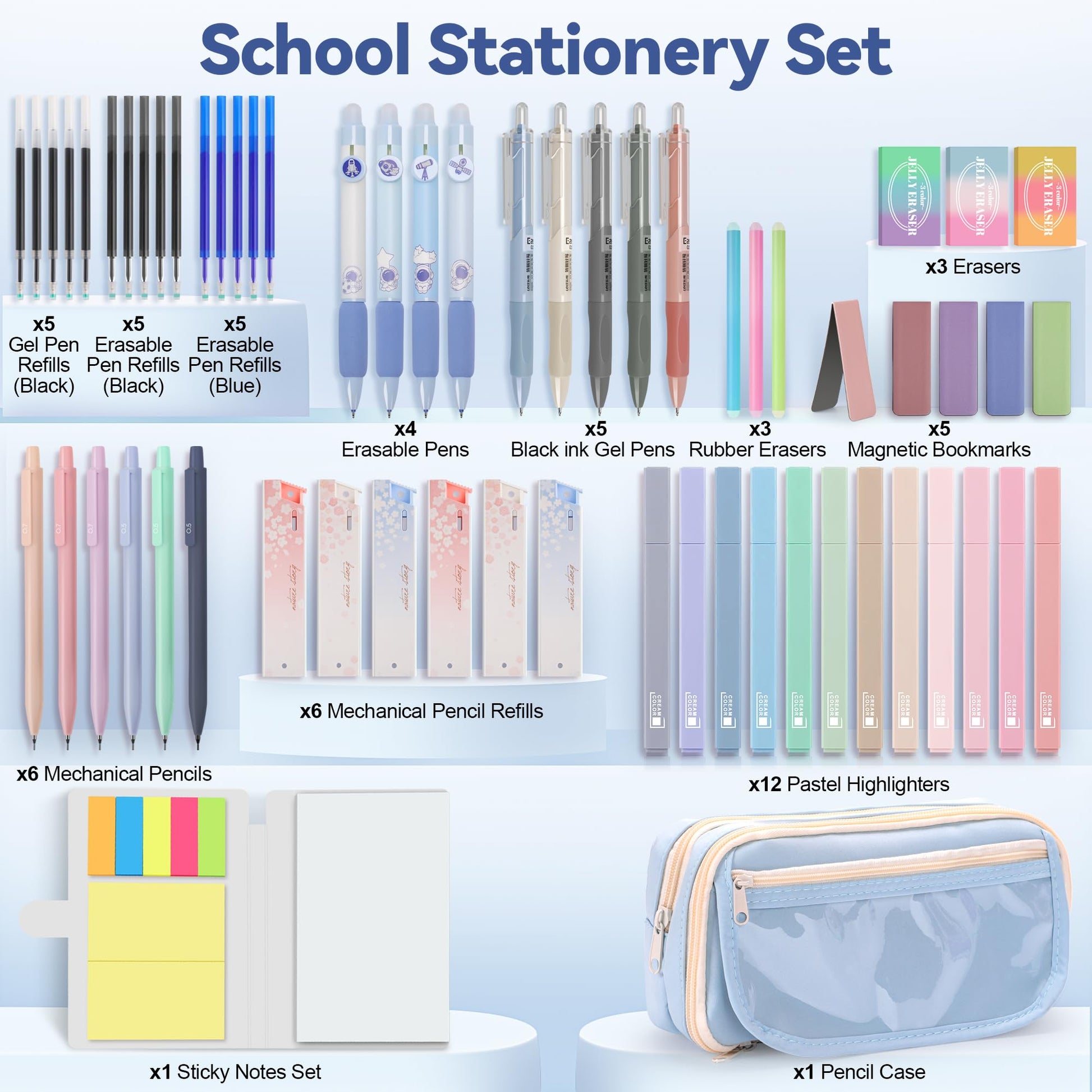 DazSpirit 61PCS Aesthetic College School Supplies Set with Cute Pencil Case