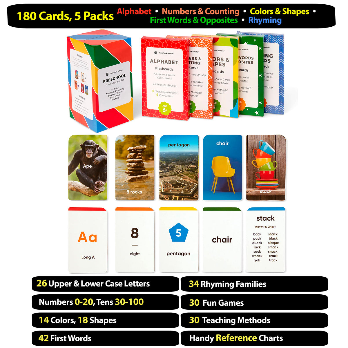 Award-Winning Flash Cards for Preschool & Kindergarten – 5-Deck Set, 180 Jumbo Cards – Learn