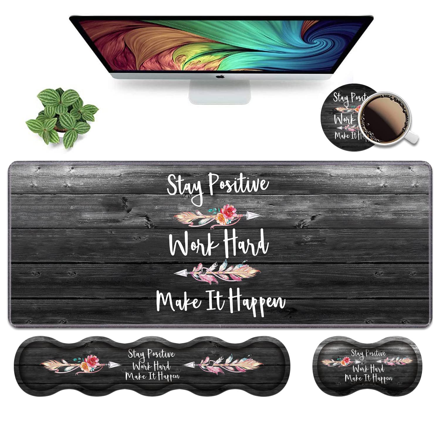 Ergonomic Keyboard Wrist Rest & Mouse Pad Wrist Rest Set, Stay Positive Work Hard and Make It