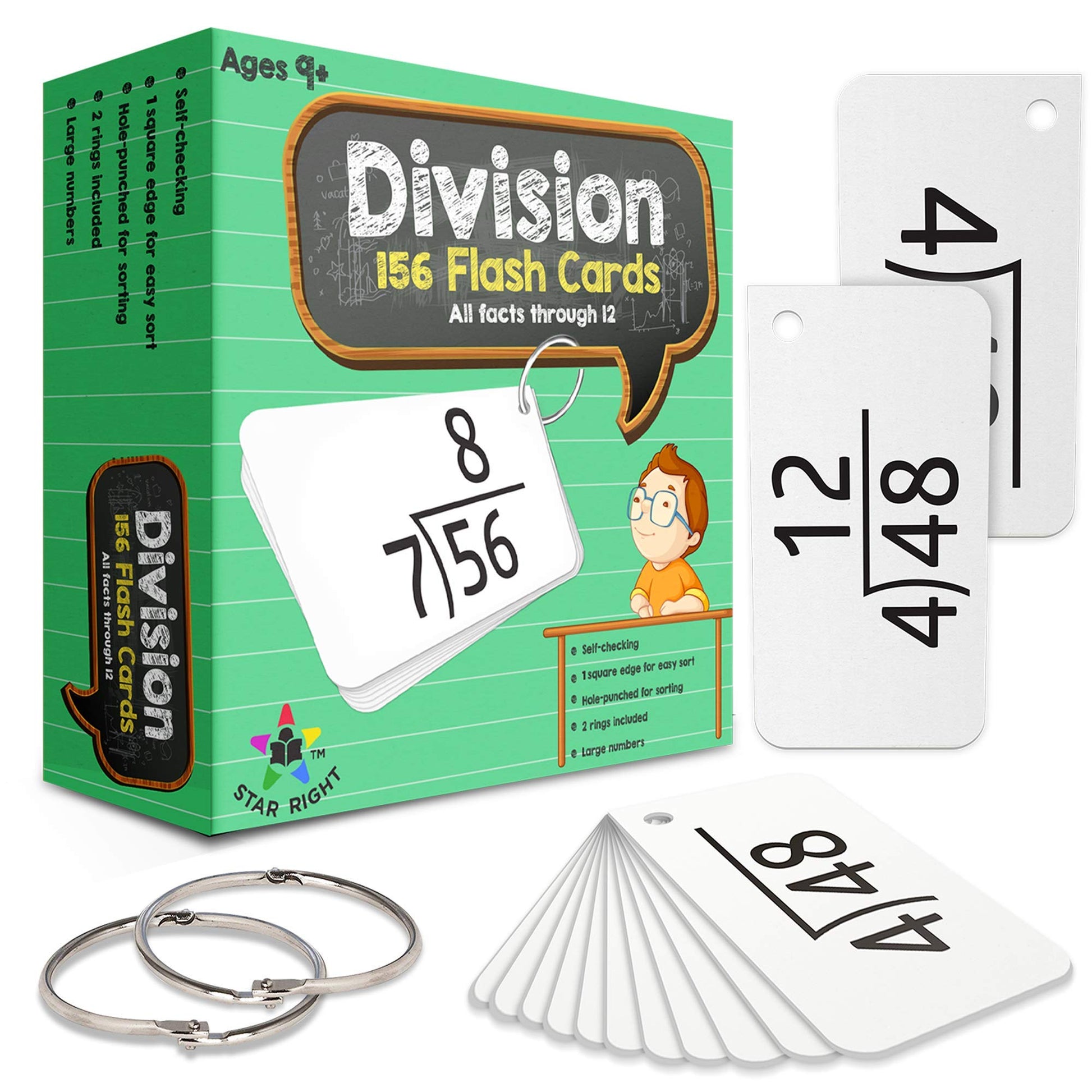 Star Right Division Flash Cards - 156 Hole-Punched Math Flash Cards with 2 Binder Rings - Kids Ages