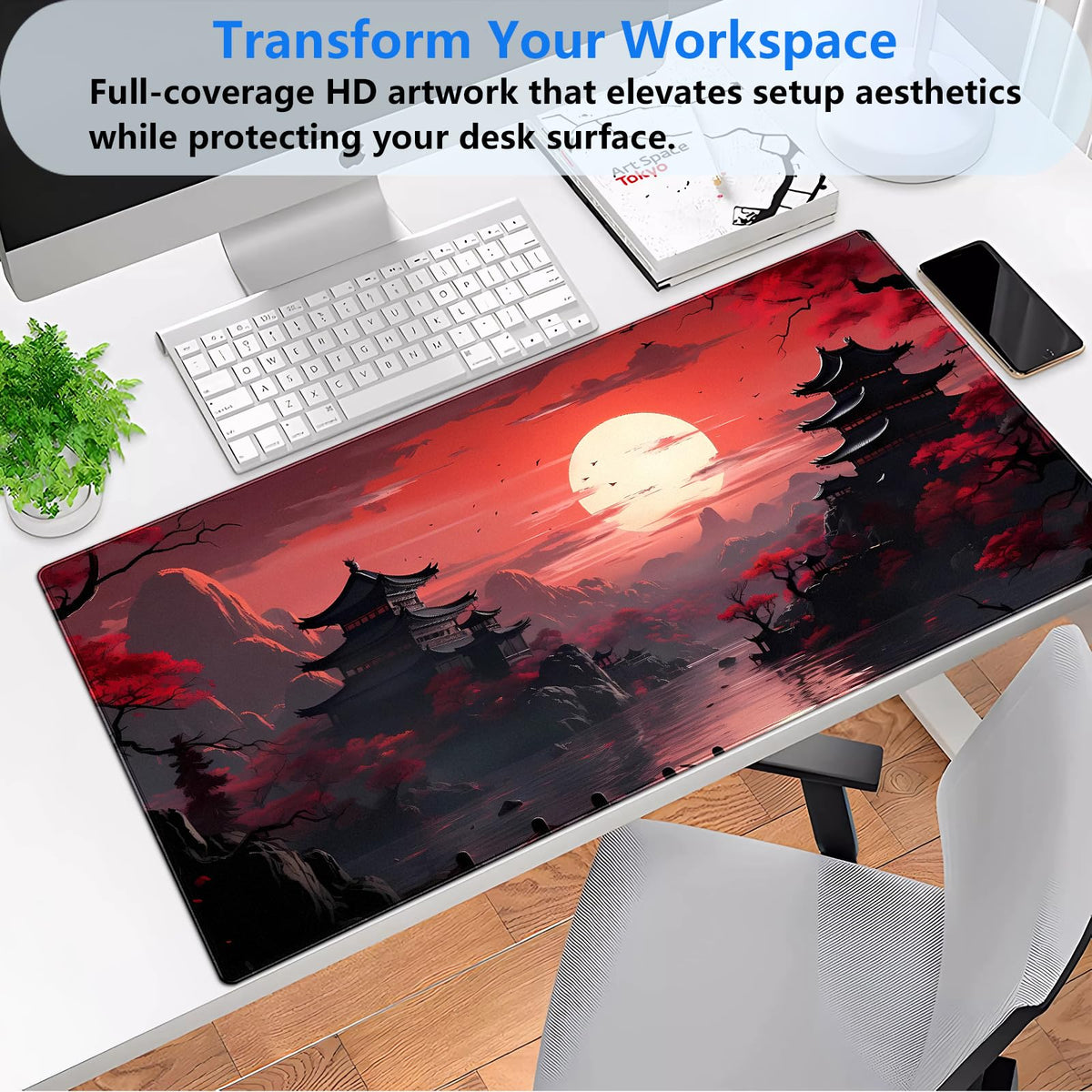 Japanese Pagoda Desk Mat, Red Sunset Large Gaming Mouse Pad 31.5x15.7 in
