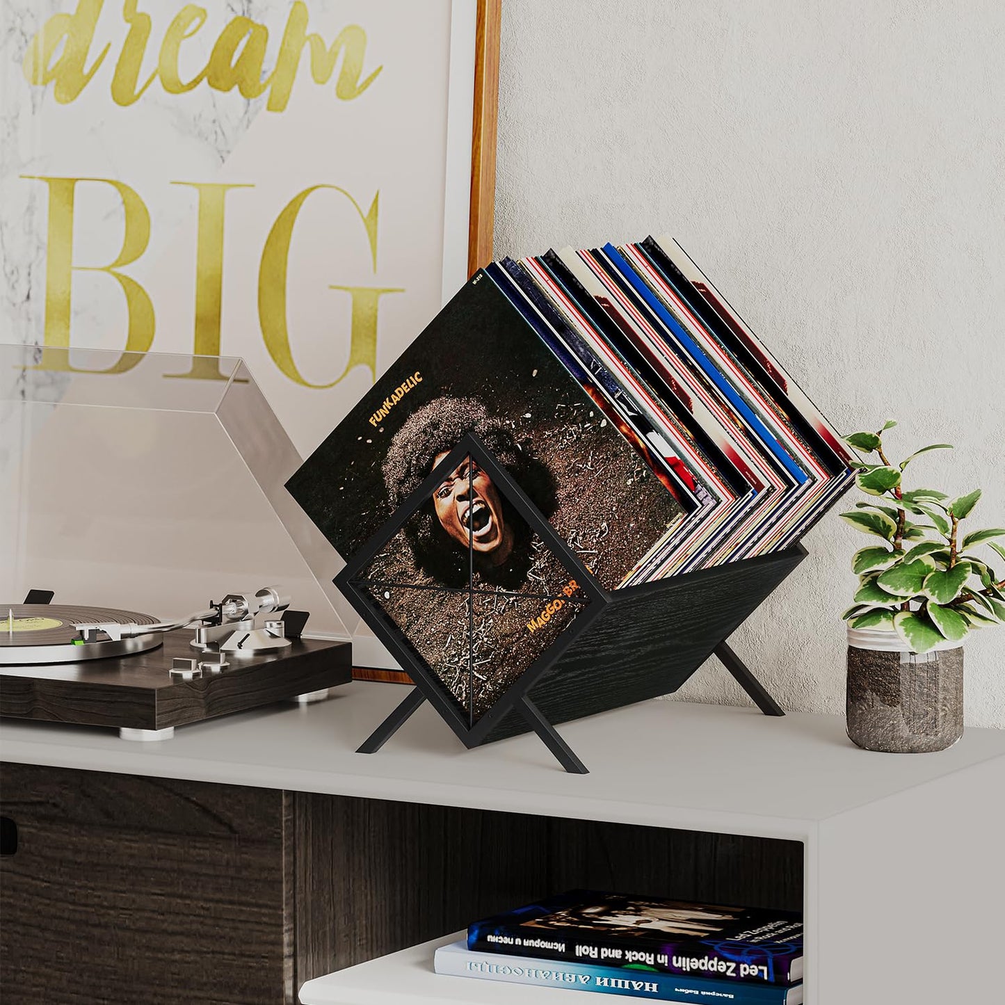 YINMIT Vinyl Record Holder - 80-100 LP Vinyl Record Storage Rack, Quick Assembly Display, Retro