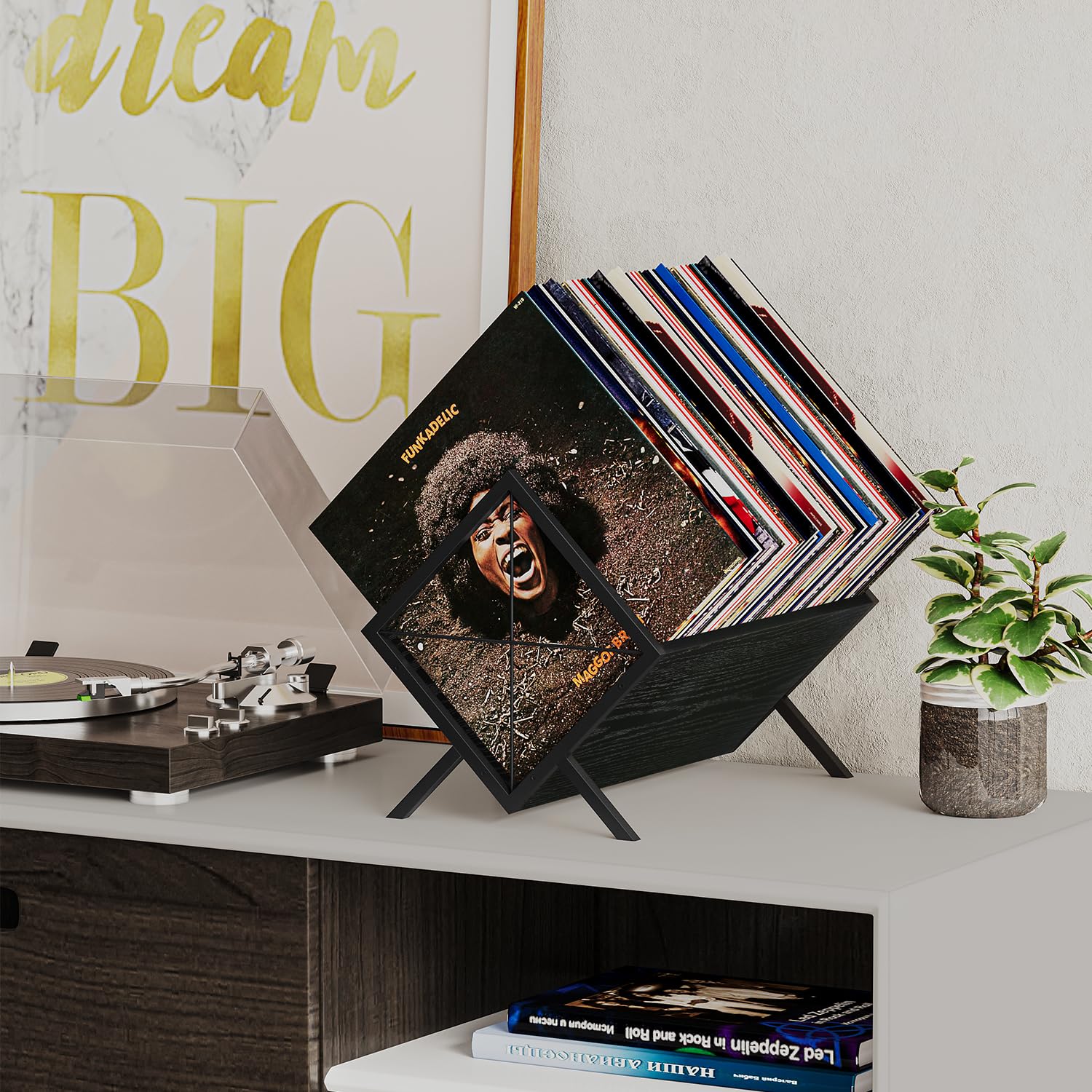 YINMIT Vinyl Record Holder - 80-100 LP Vinyl Record Storage Rack, Quick Assembly Display, Retro