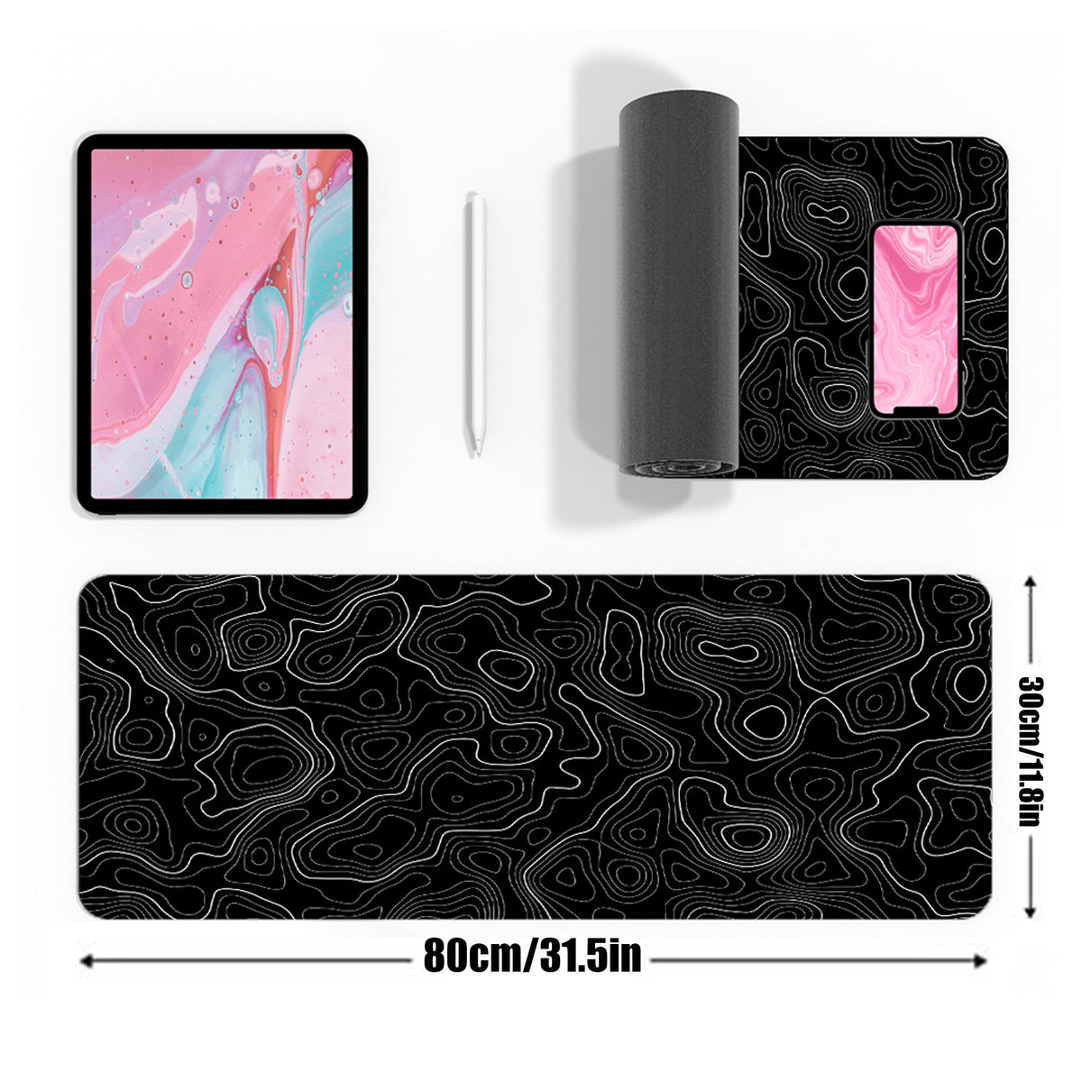 Topographic Gaming Mouse Pad Large Desk Mat,Black Mouse Pad Gaming Desk Pad,31.5 x 11.8 Keyboard