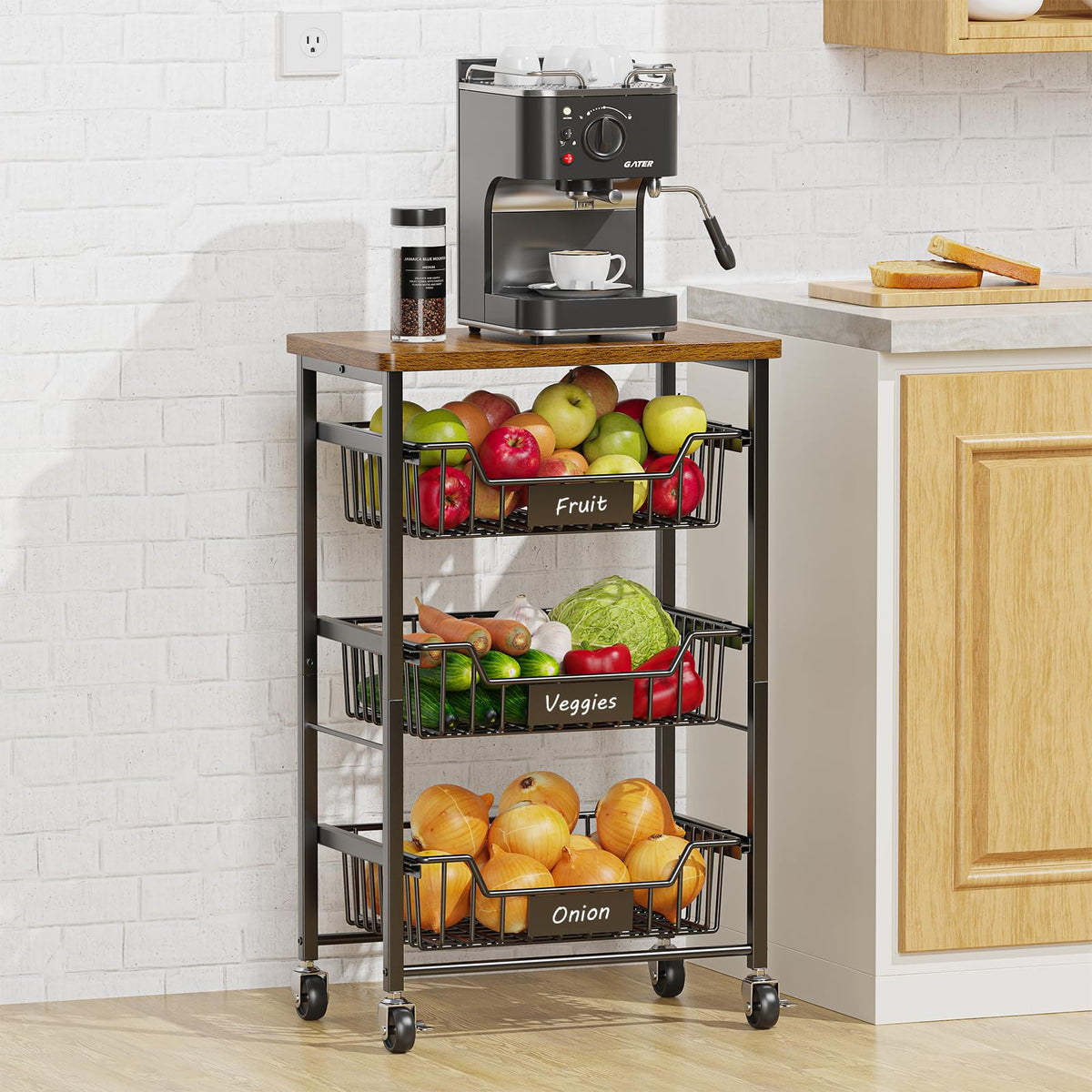 CHLORYARD 4-Tier Vegetable Fruit Basket Kitchen Storage Rolling Cart on Wheels with Pull-Out