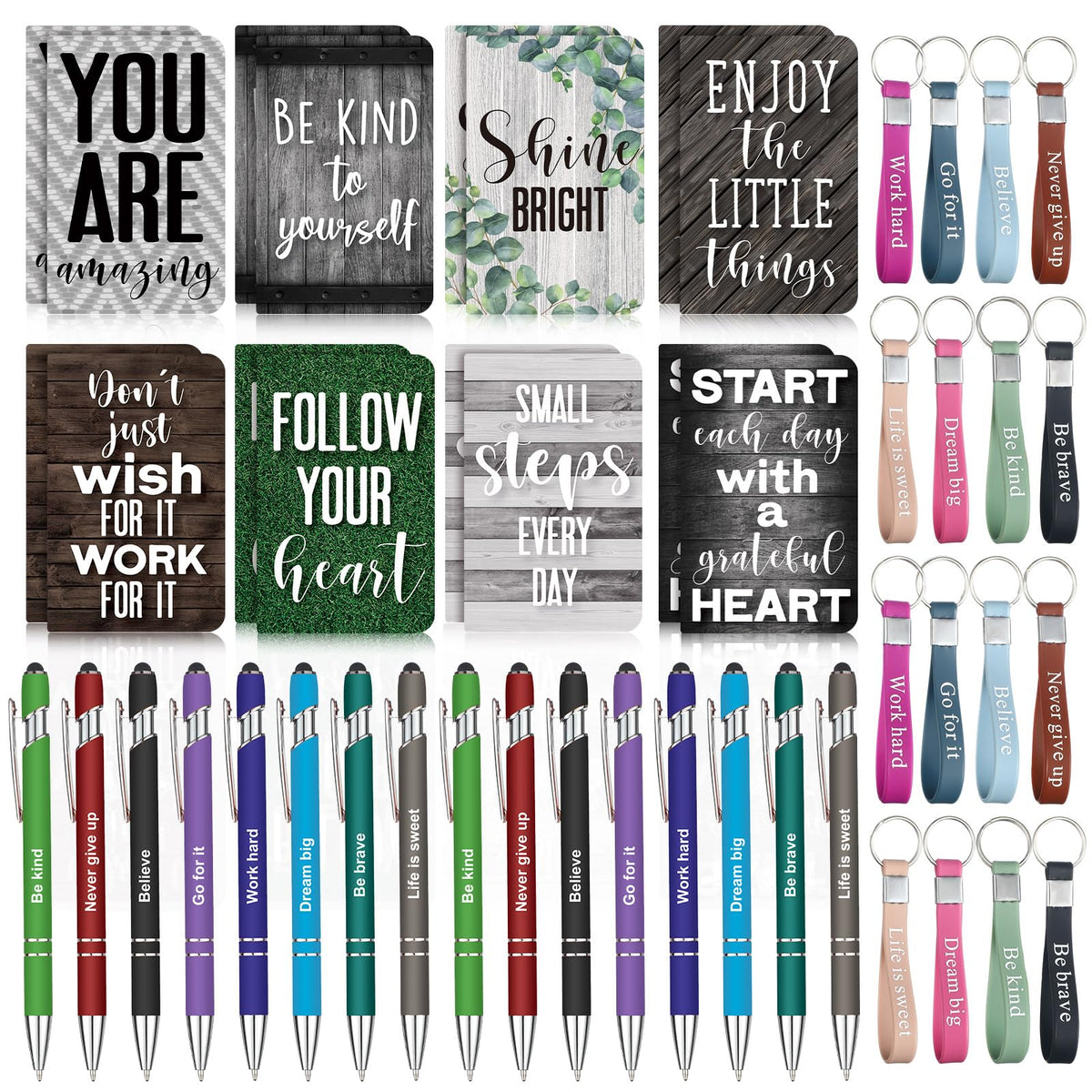 PerKoop 48 Pcs Inspirational Gifts Bulk Motivational Notepads Ballpoint Pens Keychains Set Modern