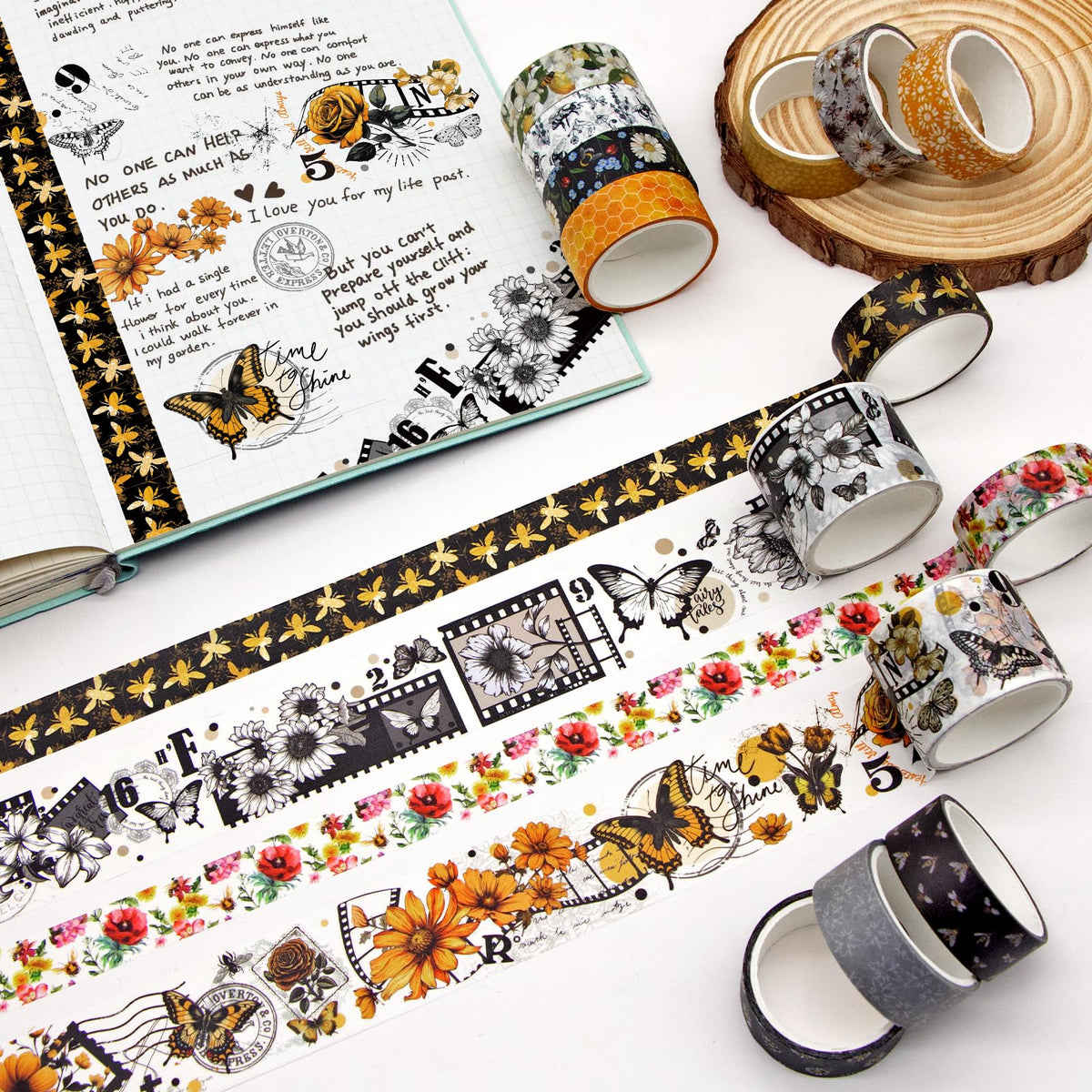 KOVANO Washi Tape Set 14 Rolls, Vintage Bee Floral Butterfly Botanical Washi Tape, Yellow Black