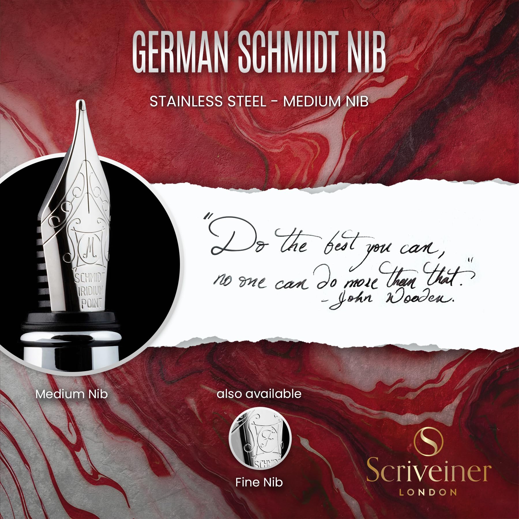 Scriveiner Deep Crimson Red Fountain Pen - Stunning Luxury Pen with Chrome Finish, Schmidt Nib