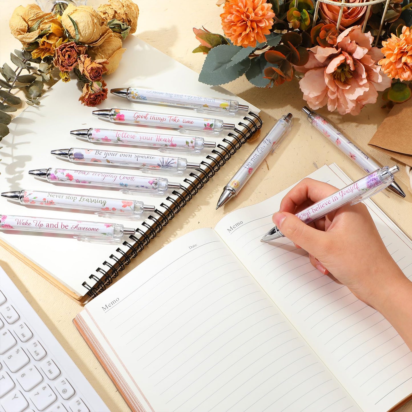 Yeaqee 50 Pcs Motivational Pens Bulk Inspirational Quotes,Floral Style
