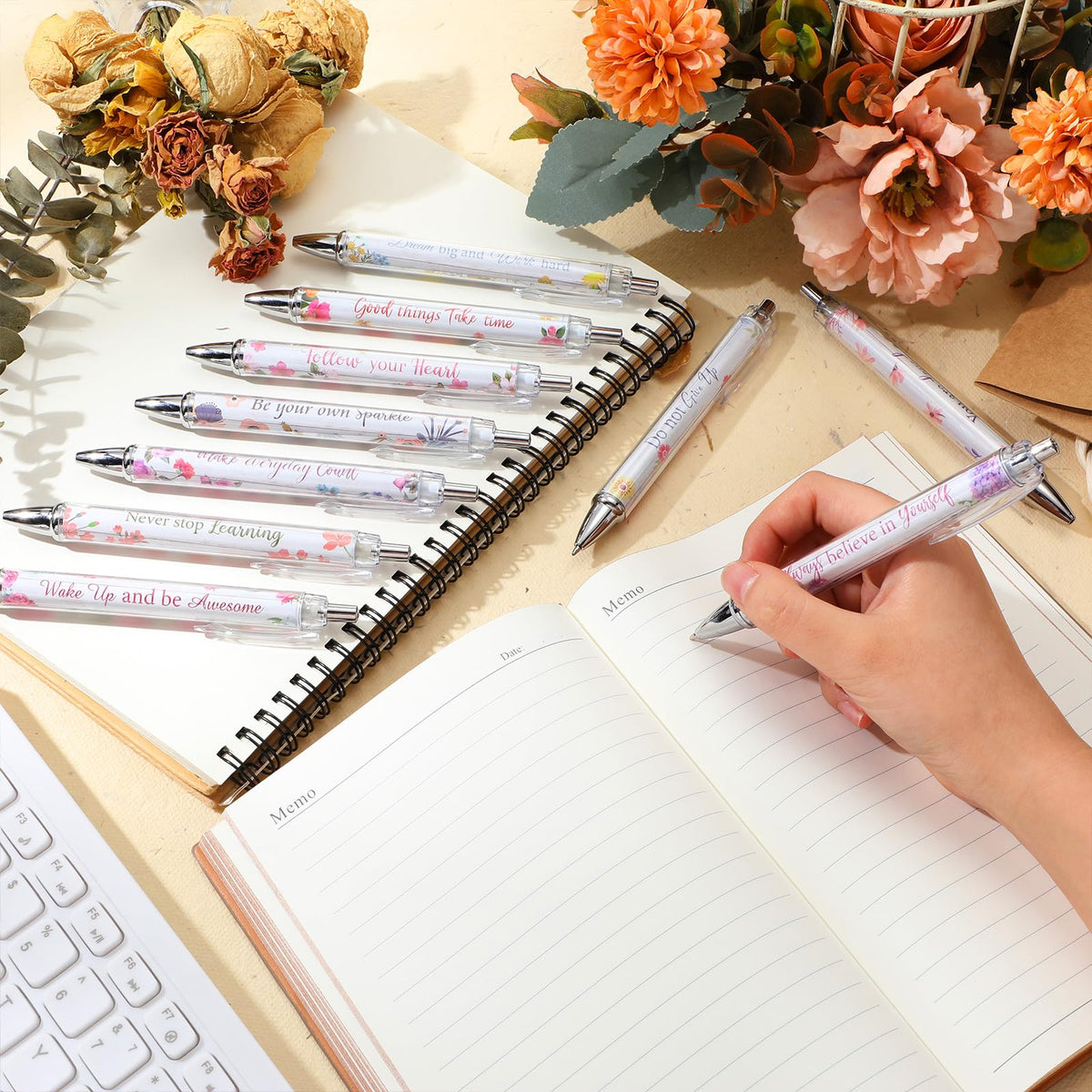 Yeaqee 50 Pcs Motivational Pens Bulk Inspirational Quotes,Floral Style