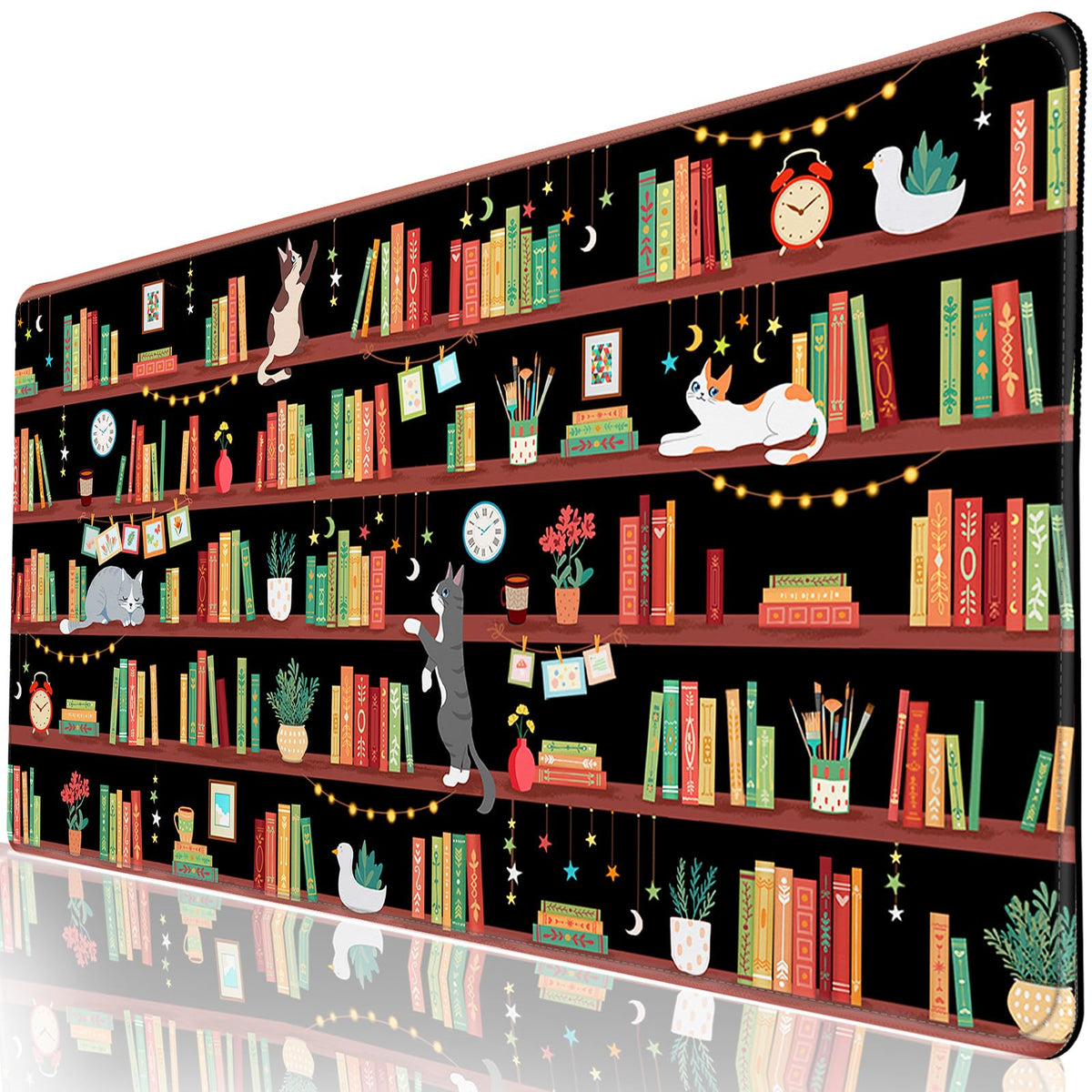 Bookshelf Cat Teacher Desk Pad, Mouse Pad Office Accessories, 31.5×15.7