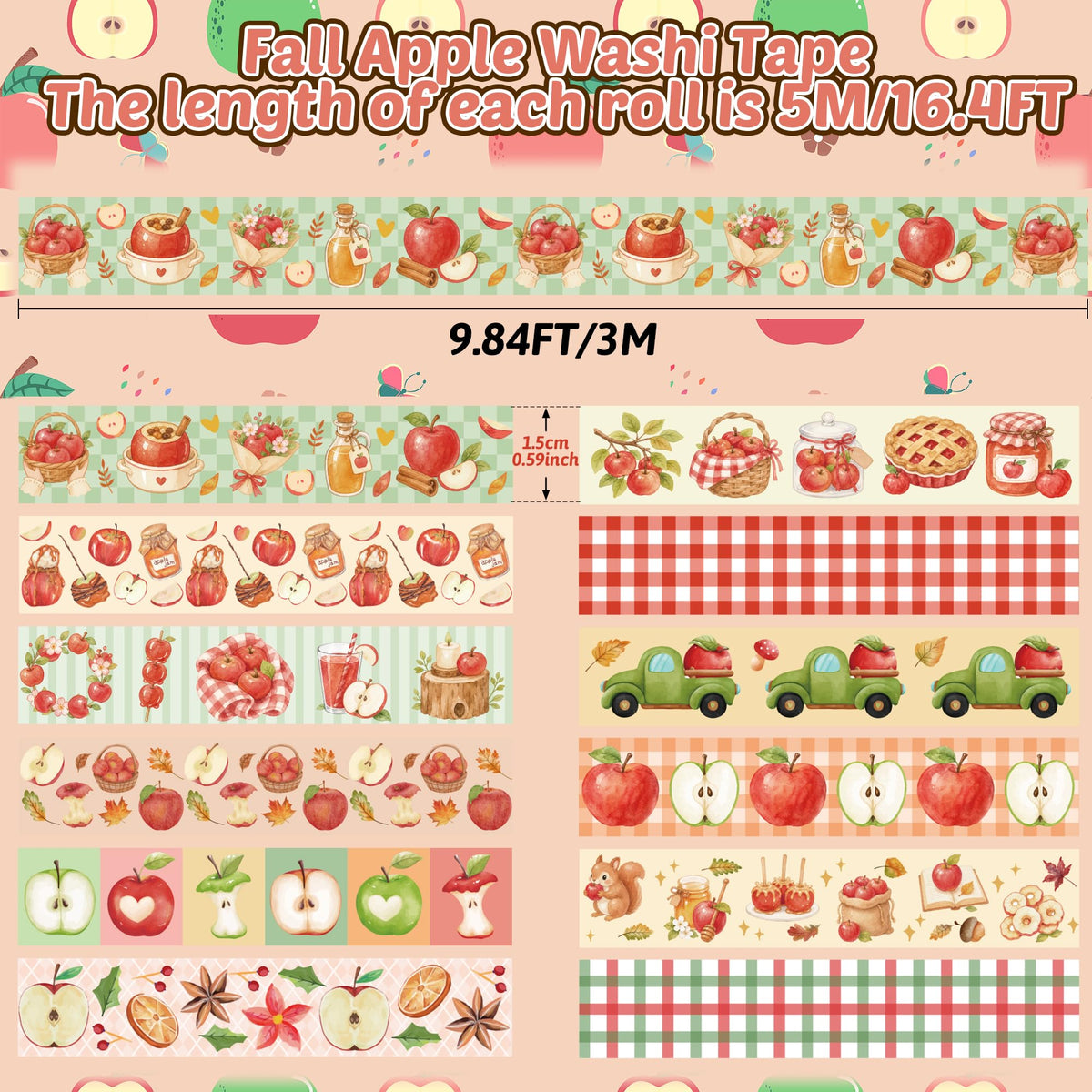 BkeeCten 12 Rolls Autumn Thanksgiving Apple Washi Tape for Gift Wrapping