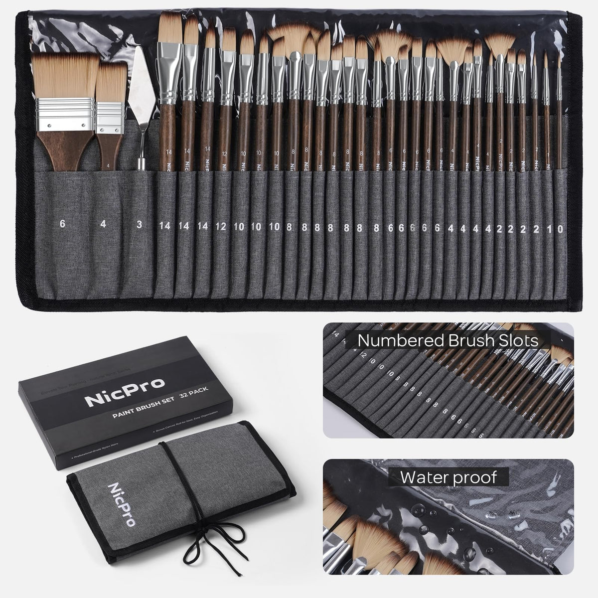 Nicpro 32pcs Paint Brush Set, Professional Paintbrushes with Paint Spatula and Cloth Roll Case