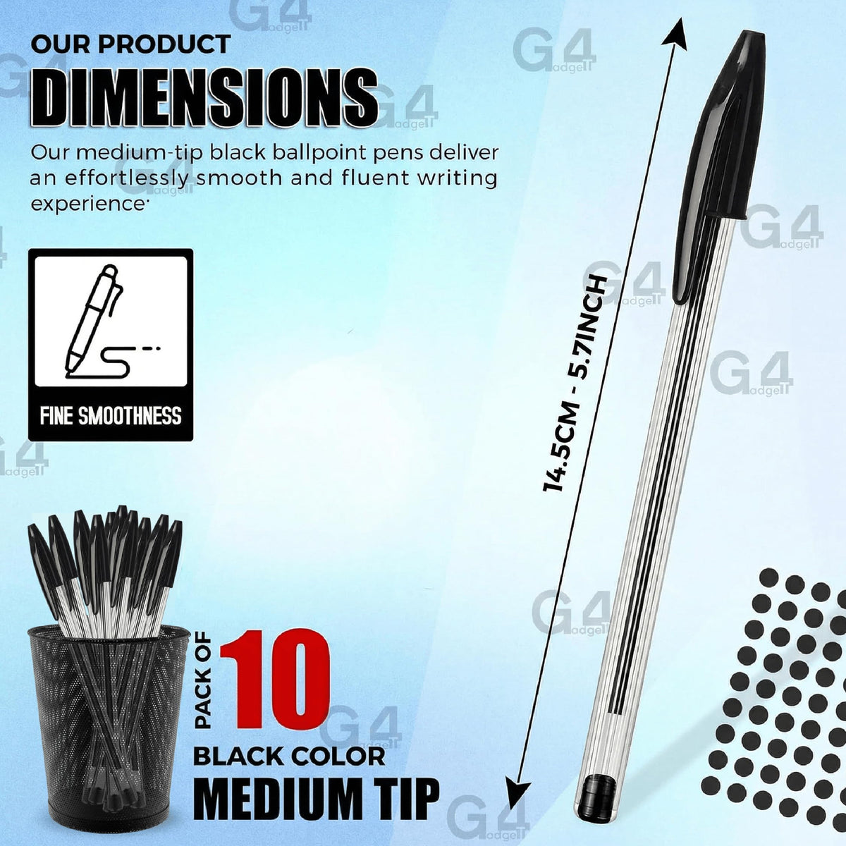 G4GADGET Premium Pack of 10 Black Biro Ballpoint Pens - Medium Tip for Fluent, Smooth Writing