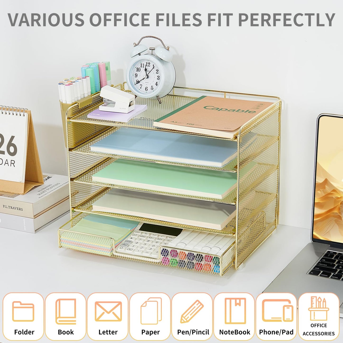 LEKETREE Desk Organizers and Accessories, 5-Tier Paper Letter Tray Organizer with Drawer & 2 Pen