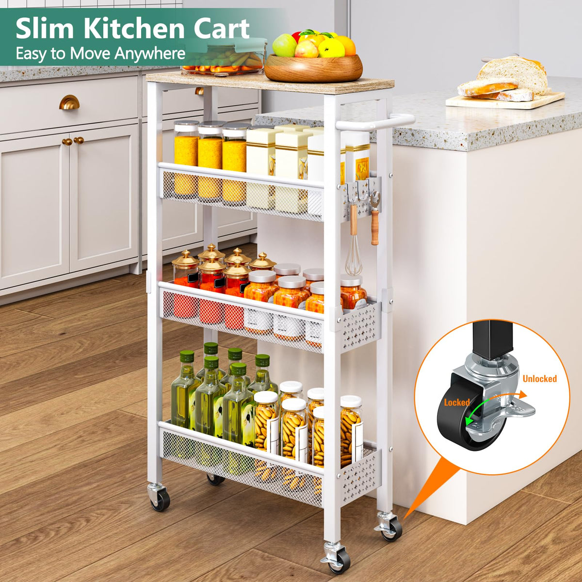 Vivihomety 4-Tier Slim Utility Rolling Laundry Cart with Wheels, Metal
